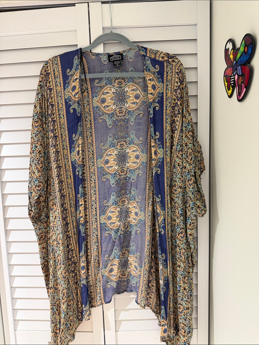 Angie Paisley Medallion Open Kimono in Blue and Tan